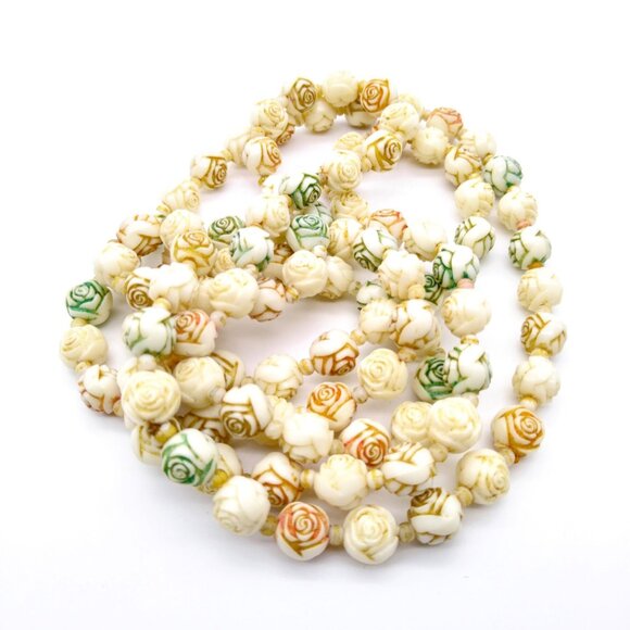 Carved Roses Long Beaded Necklace, Vintage Plastic Floral Strand in Flapper - Picture 2 of 3